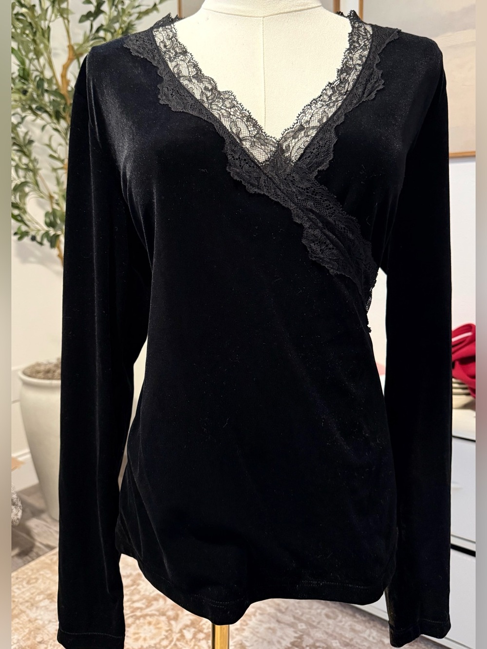 Vtg Y2K Lauren Ralph Lauren Black Velvet Lace Trim Wrap Top L